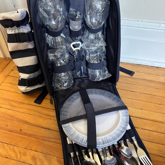 Blue & White Striped Picnic Basket Backpack, 4 Glasses, Plates, Full Set - Picture 3 of 6